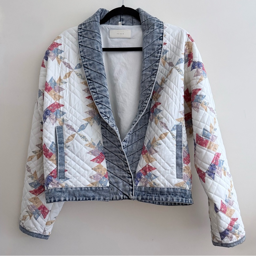 Blank NYC Quilted Patchwork Cropped Jacket in Cream, Blue & Coral - Picture 2 of 16